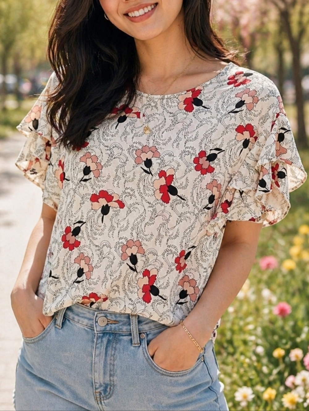 Part Two 100% Viscose Floral Ruffle Sleeve Blouse Lightweight Cream Print Top